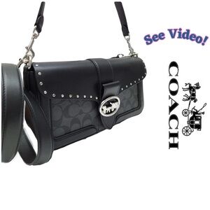 Coach Georgie Shoulder Bag Crossbody Colorblock Sig Canvas Black Leather w/Studs